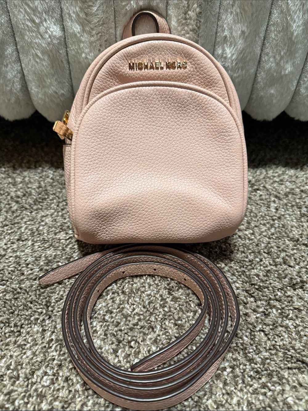 Michael Kors Blush Pebbled Leather Mini Backpack with Gold Logo